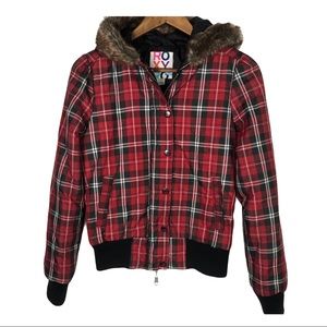 Roxy Red Plaid Jacket Faux Fur Trim Hood • Small